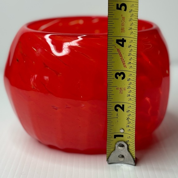 Decorative Hand Blown Studio Glass Art Bowl, Red Orange Swirl Etched Signature - Picture 8 of 11